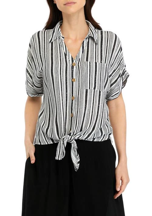 AGB Womens Striped Tie Front Blouse 1