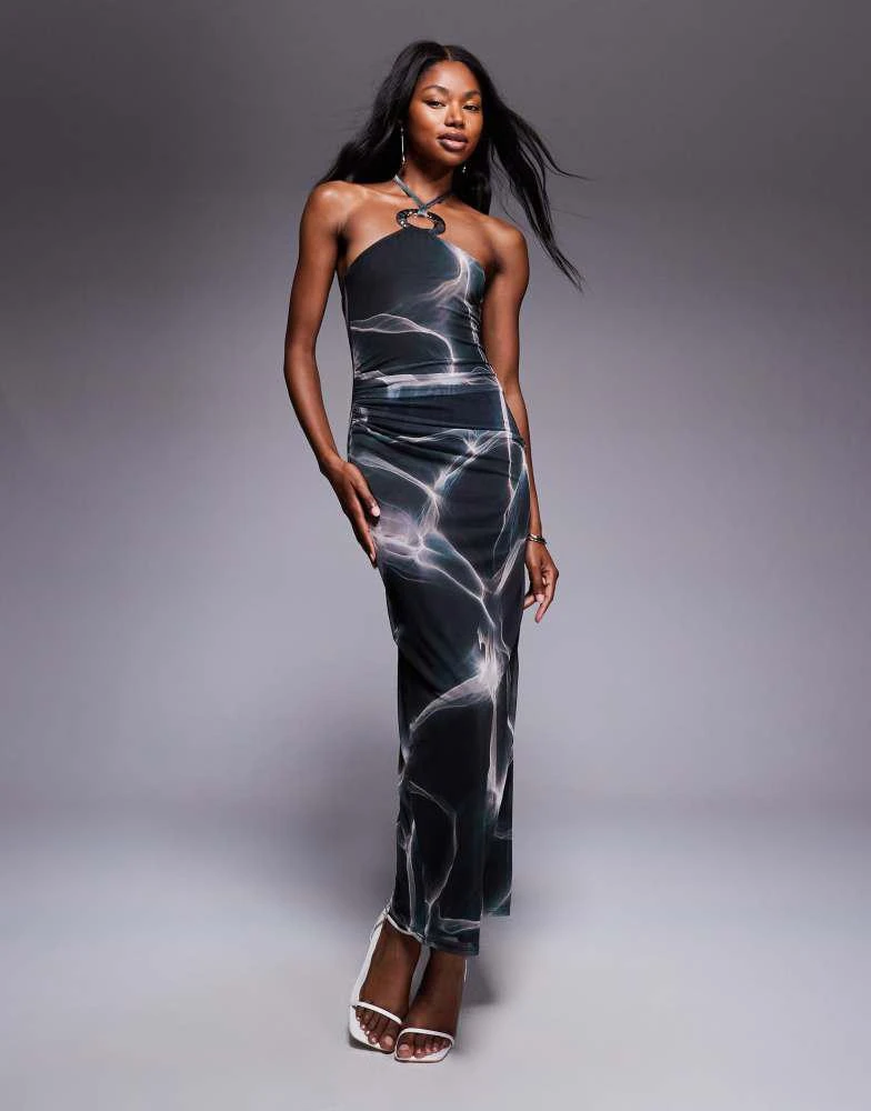 marble print mesh dress ASOS DESIGN mesh halter midi dress with silver hardware in dark marble print  – On Sale Now with Up to 70% Off