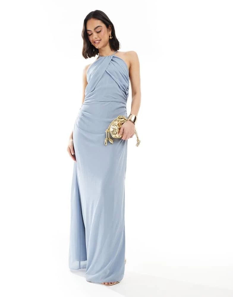 blue bride wedding dress Blue Satin Cowl Neck Backless Slip Midi Dress