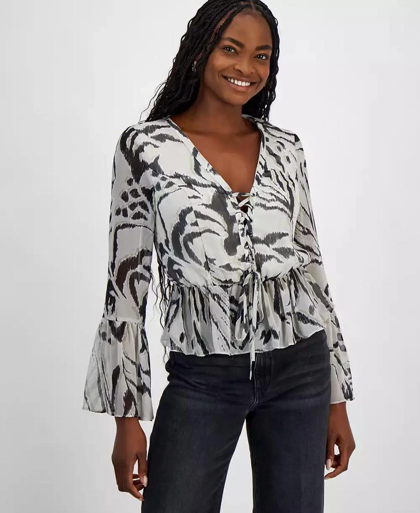 GUESS Women's Demi Printed Lace-Up Peplum Top 1