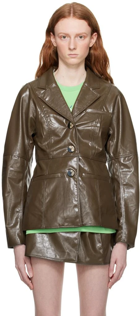 Ganni Brown Patent Faux-Leather Blazer 1