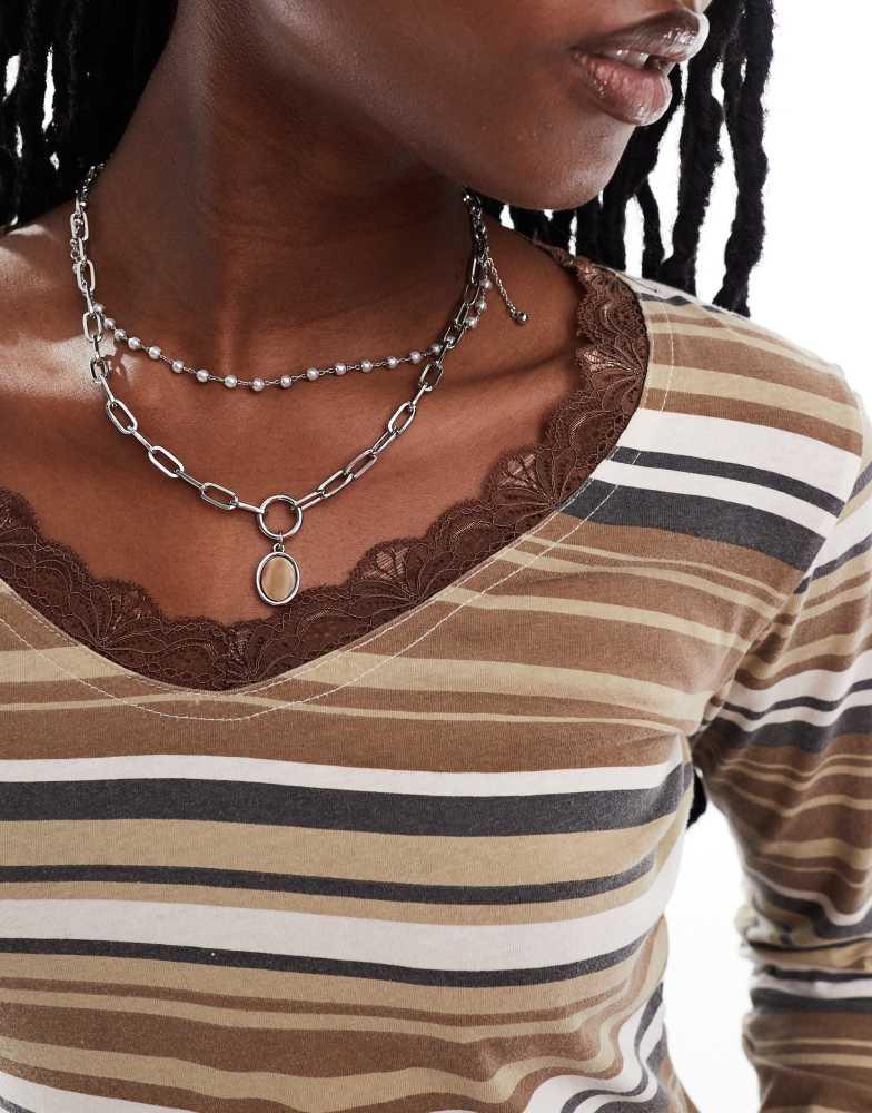 Daisy Street Daisy Street long sleeve washed stripe jersey top with lace detail