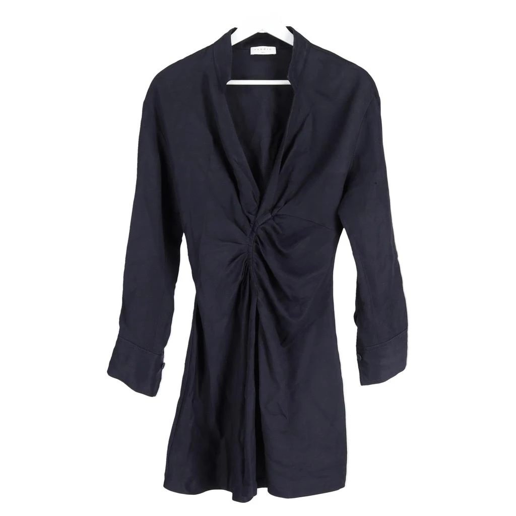 Sandro Paris Gathered Front Detail Mini Long Sleeve Dress in Navy Blue Viscose 4