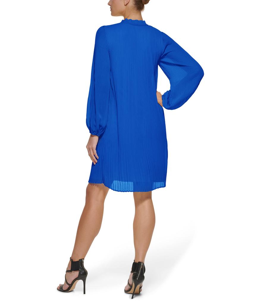 DKNY Long Sleeve Pleated Shift Dress with Neck Tie