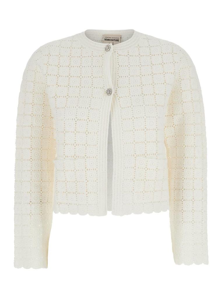 SEMICOUTURE 'Cassandra' White Cropped Cardigan With Jewel Buttons In Cotton Woman