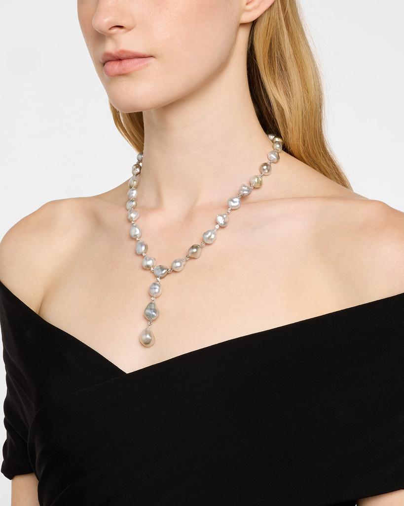 BELPEARL 18K White Gold Tahitian Pearl Lariat Necklace with Diamonds, 18"L
