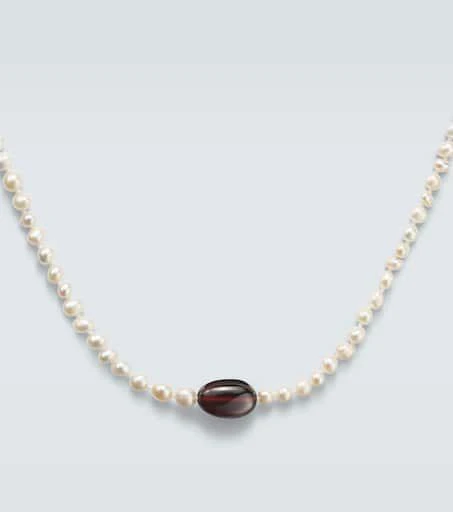 Ileana Makri 9kt gold (375/1000) beaded necklace with freshwater pearls and hessonite 3
