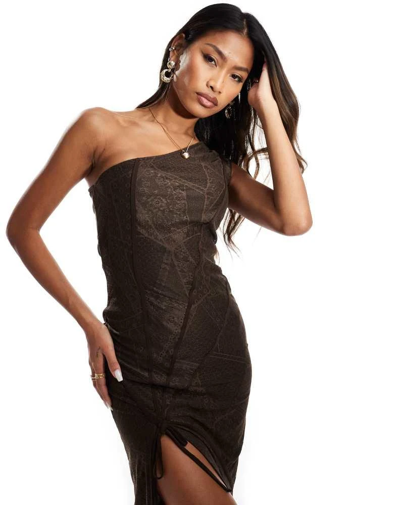 ASOS ASOS DESIGN patchwork lace one shoulder maxi dress in chocolate 2