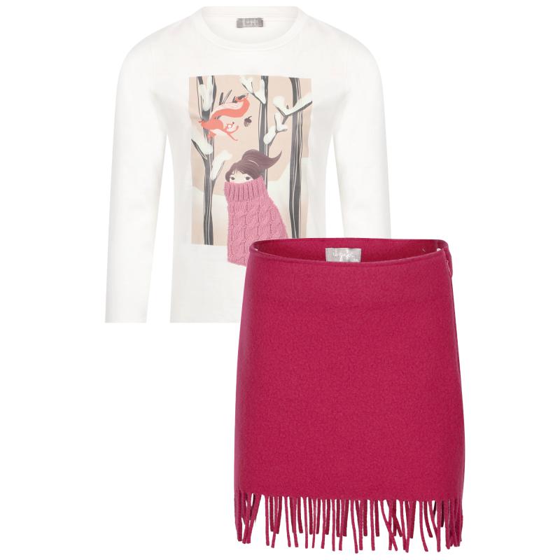 Il Gufo Winter print long sleeved t shirt and fringed skirt set in white and pink