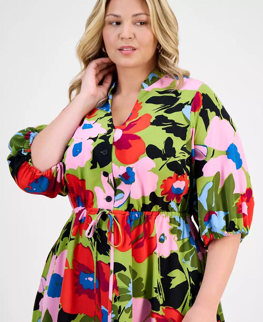 Sandra Darren Plus Size Print Tie-Waist 3/4-Sleeve Midi Dress