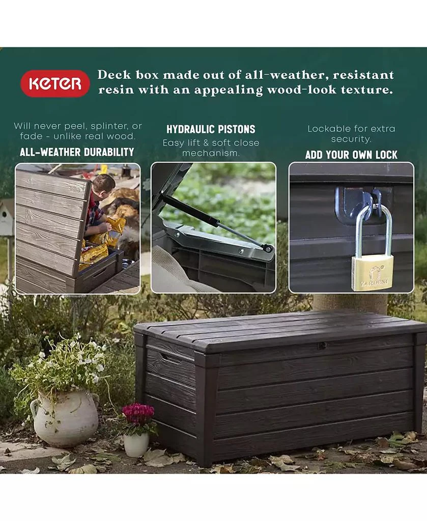 Keter Brightwood 120gal Weatherproof Resin Patio Deck Storage Box Bench, Brown 2