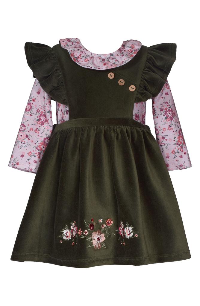 Iris & Ivy Floral Long Sleeve Bodysuit & Embroidered Corduroy Jumper Set