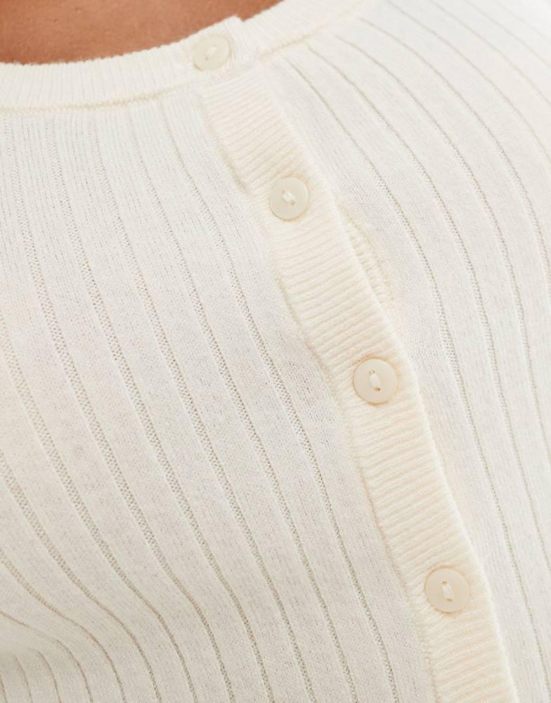 VERO MODA Vero Moda super soft rib knitted short sleeve button front top in birch cream