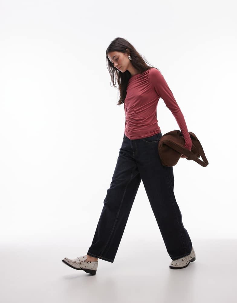& Other Stories & Other Stories supersoft jersey ruche boat neck top with long sleeves in red