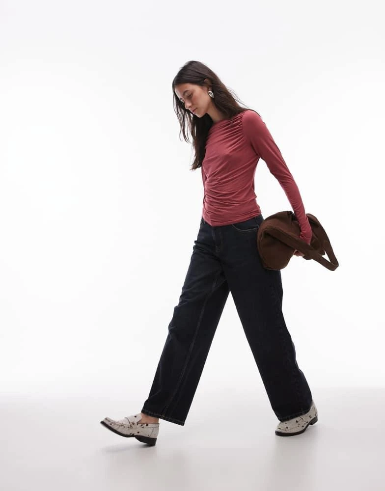 & Other Stories & Other Stories supersoft jersey ruche boat neck top with long sleeves in red 2