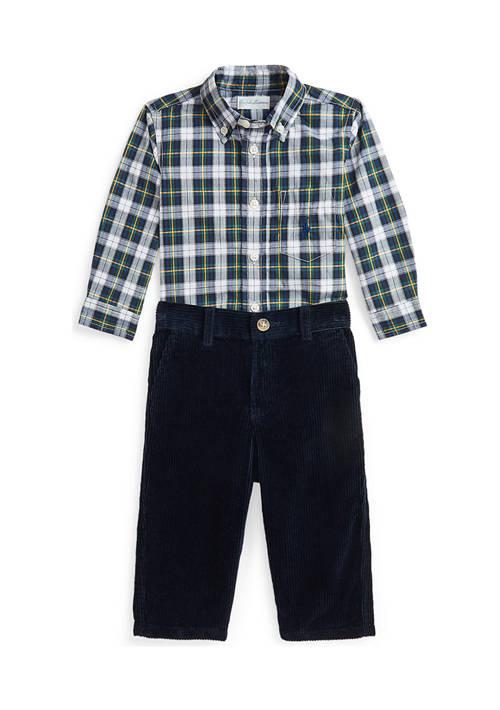 Ralph Lauren Lauren Childrenswear Baby Boys Plaid Poplin Shirt Corduroy Pants Set