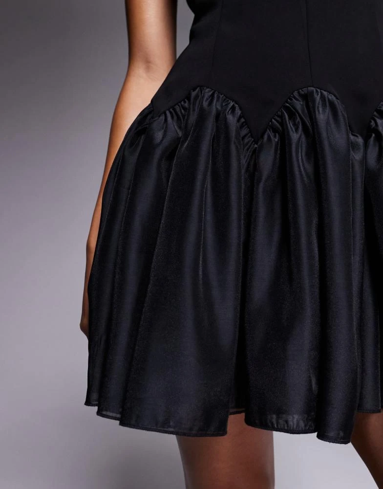 Rare London scallop satin dropped waist mini dress in Black