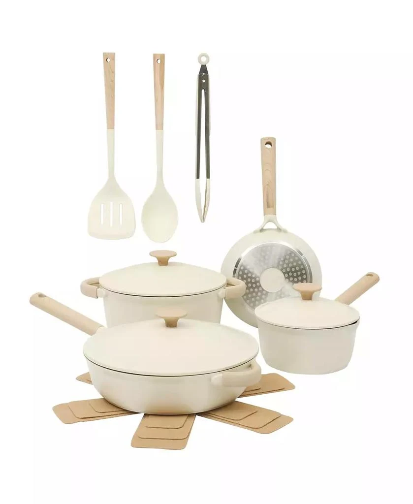 Gibson Elite Cast Aluminum 13-Piece Cookware Set – Ceramic Nonstick, Linen White with Wood Handle
