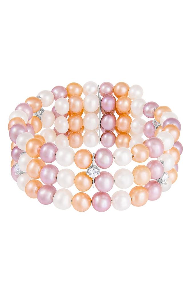 SPLENDID PEARLS Sterling Silver, CZ, & 7-8mm Multicolored Cultured Freshwater Pearl Bracelet