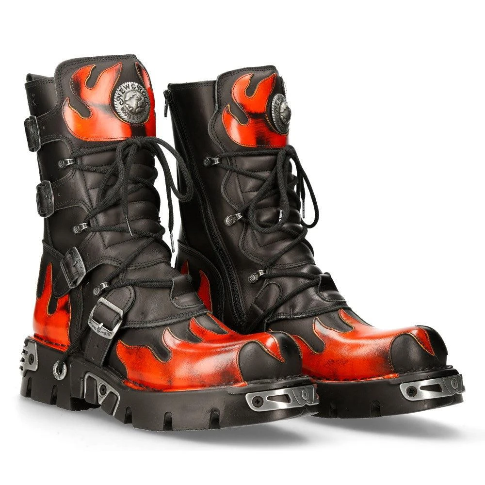 NewRock 591-s1 Flame Metallic Leather Goth Boots 1