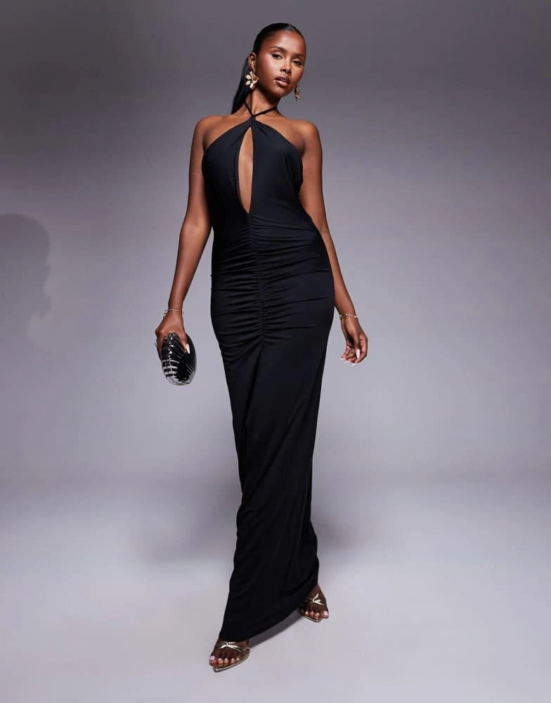 Aria Cove ruched cut out front halterneck maxi dress in black  On Sale Now  with Up to 57% Off | Discover Exclusive Deals & Savings at BeyondStyle   Authentic Aria Cove