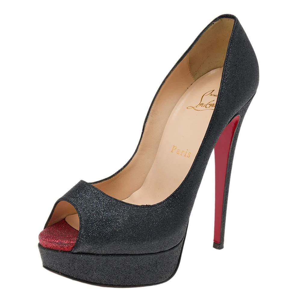 Christian Louboutin Christian Louboutin Black Shimmer Fabric New Very Prive Peep Toe Platform Pumps Size 38.5 1