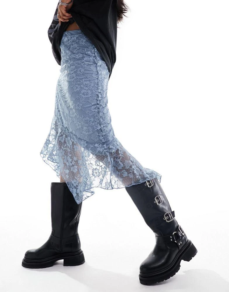 Monki Monki midi knee length lace asymmetric skirt with lining in navy 4