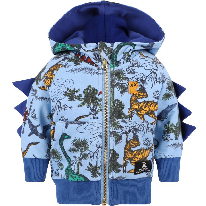 Rock Your Baby Colorful dinos print zipped hoodie and track pants with spikes in blue