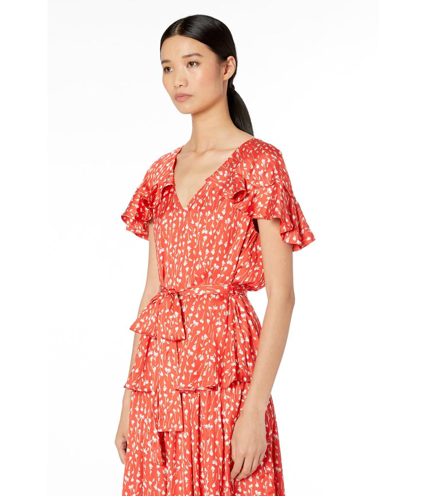 Monique Lhuillier Printed Top with Ruffled Sleeves
