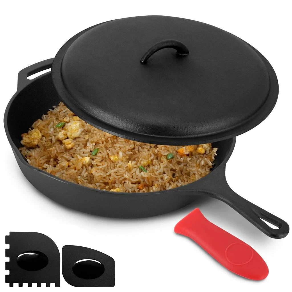 Megachef 12 Inch Pre-Seasoned Cast Iron Skillet with Cast Iron Lid