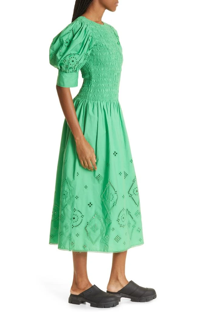 Ganni Eyelet Detail Puff Sleeve Organic Cotton Midi Dress 3