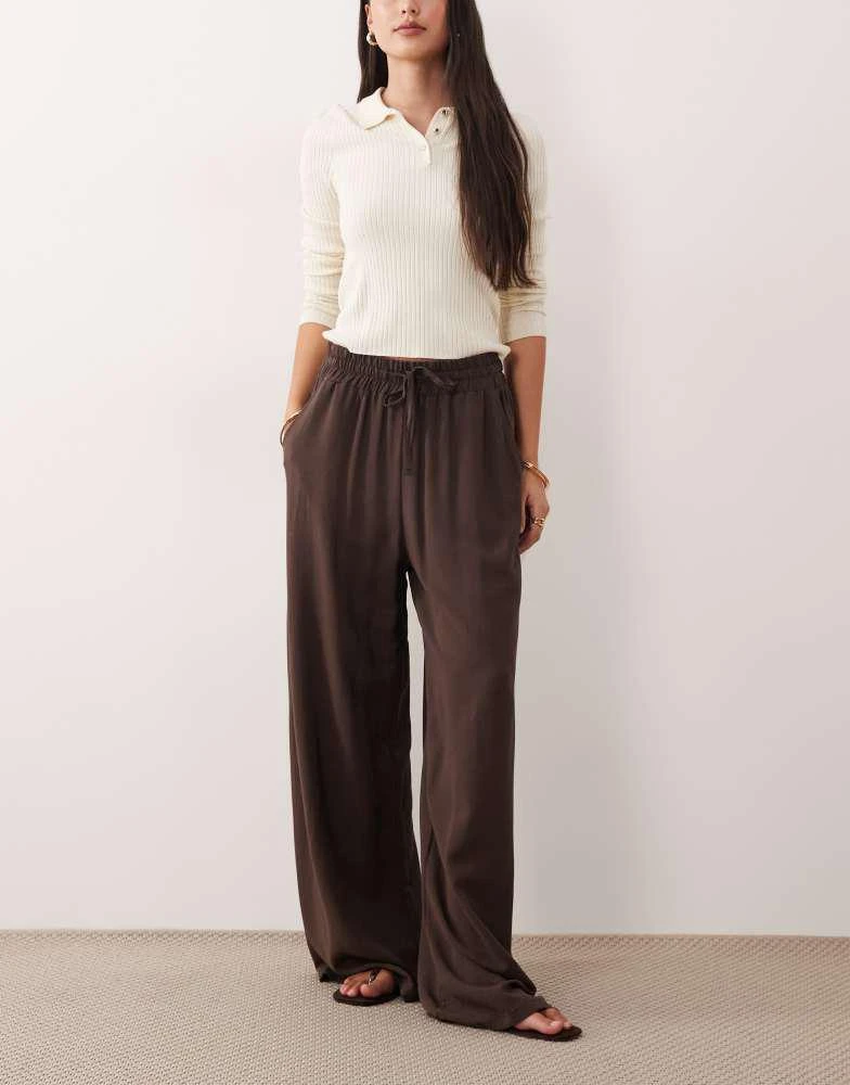 ASOS ASOS DESIGN linen blend pull on drawstring waist wide leg trouser in chocolate