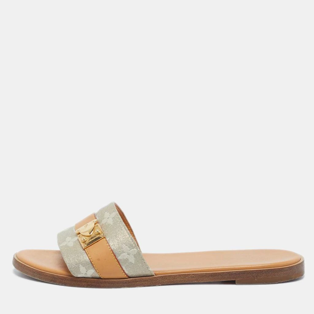 Louis Vuitton Louis Vuitton Brown/Beige Fabric and Leather Lock It Flat Sandals Size 37 1