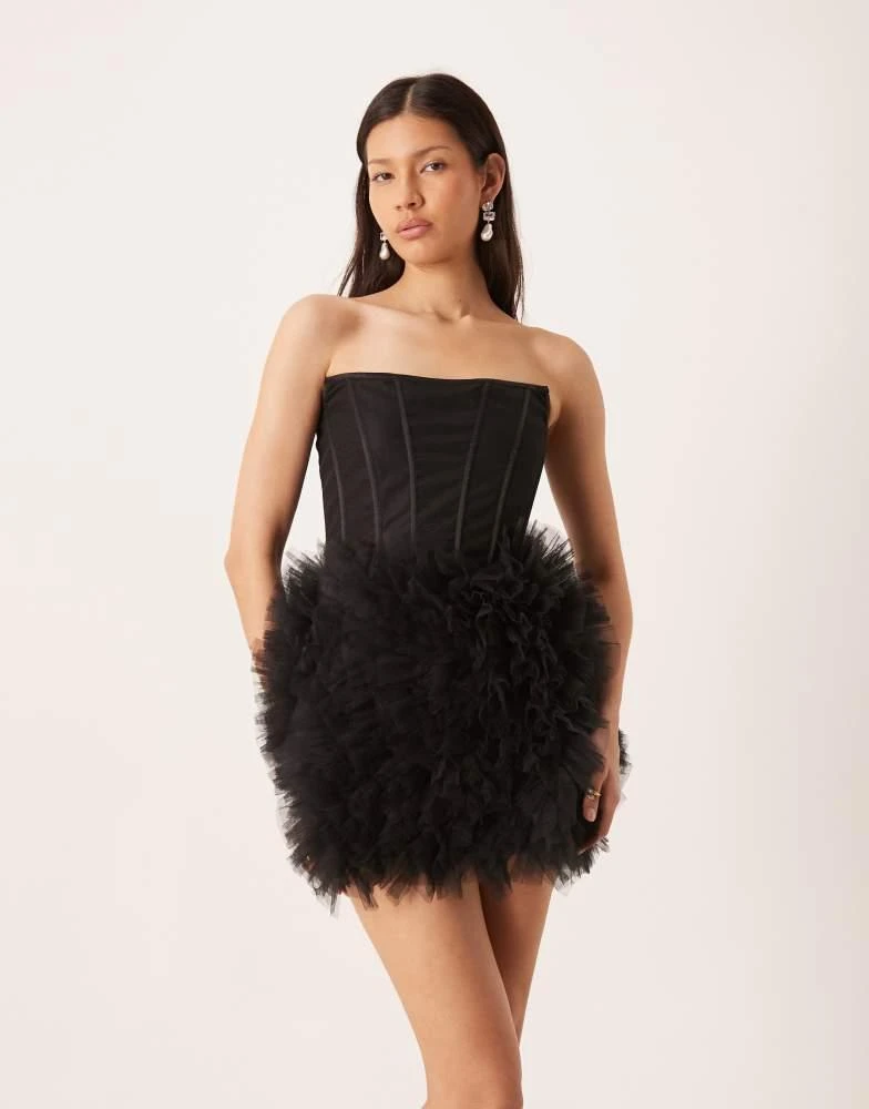 Lace & Beads strapless corset detailing tulle skirted mini dress in Black Lace & Beads strapless corset detailing tulle skirted mini dress in Black