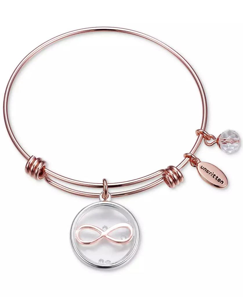 Unwritten Infinity Glass Shaker Charm Adjustable Bangle Bracelet in Rose Gold-Tone Stainless Steel with Silver Plated Charms 1