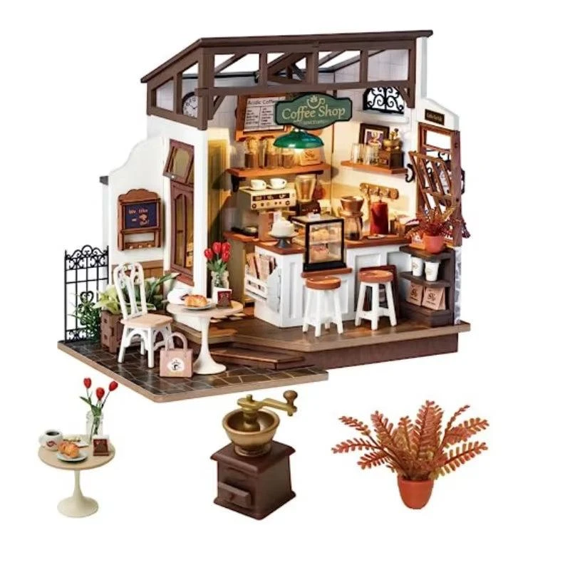 Robotime DIY Wooden Dollhouse Set No. 17: Coffee Model Building Kit with Accessories and LED Lighting for Adults and Children