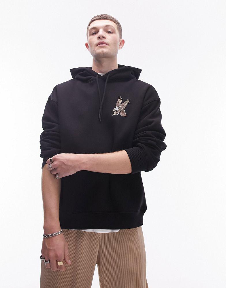 Topman Topman oversized fit hoodie with eagle tattoo embroidery in black