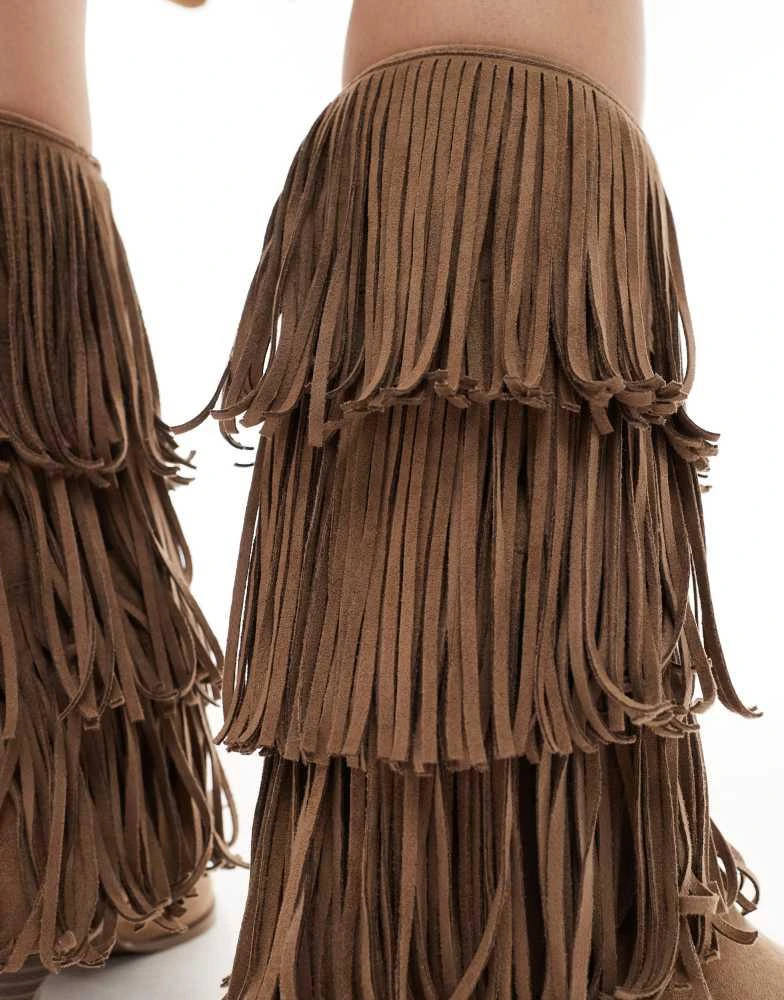 Bershka Bershka kitten heel boots with fringing in tan 3