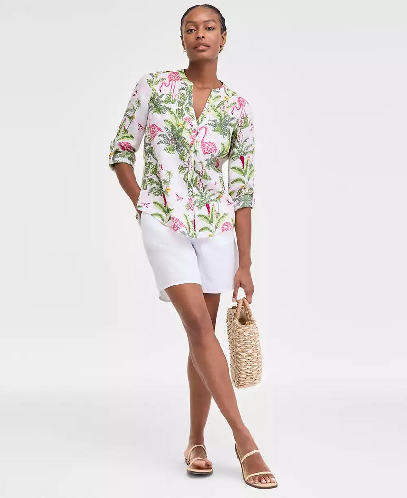 Charter Club Women's 100% Linen Palm Print Roll-Tab Shirt, Exclusively at Macy's
