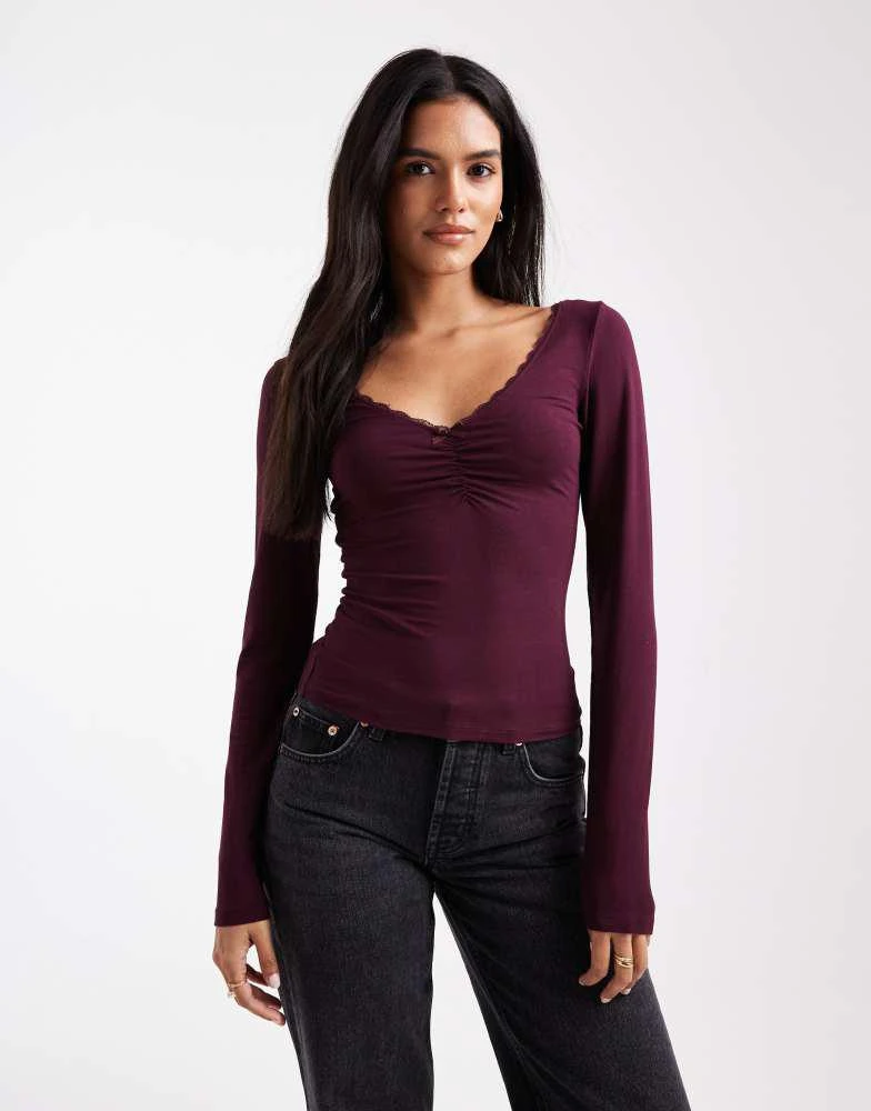 Miss Selfridge Miss Selfridge ruched front bow detail long sleeve top in plum 1
