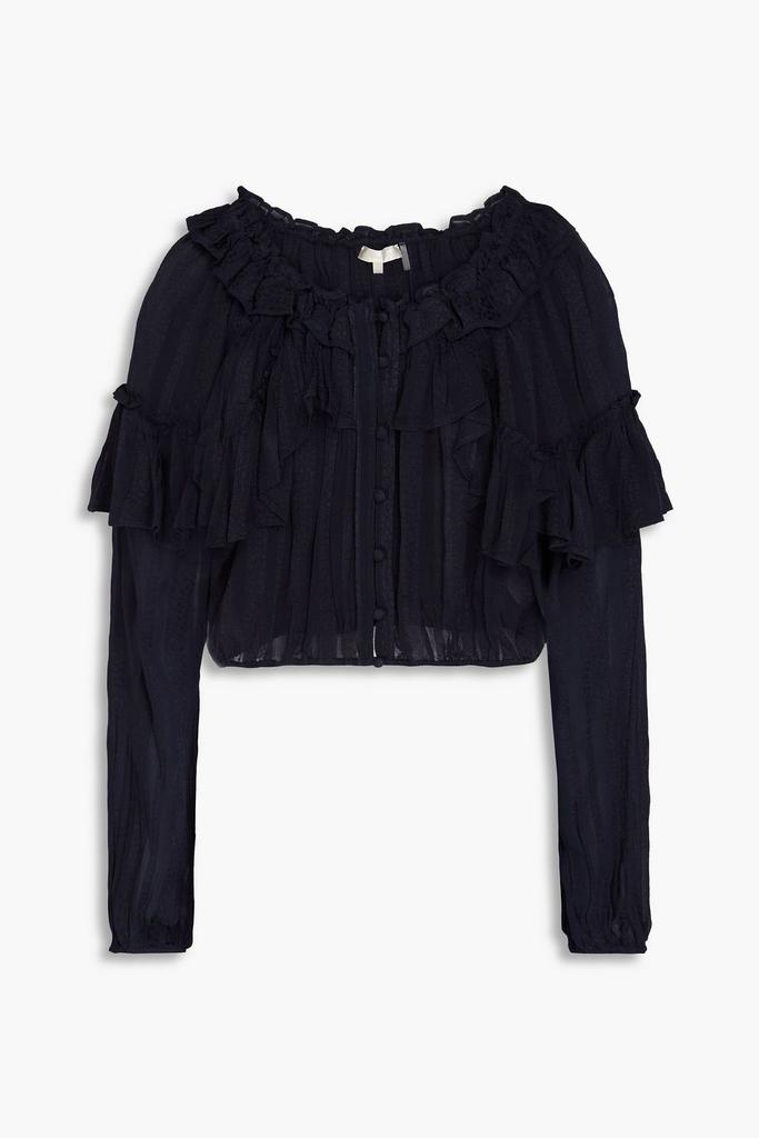 LOVESHACKFANCY Cropped ruffled leopard-jacquard top