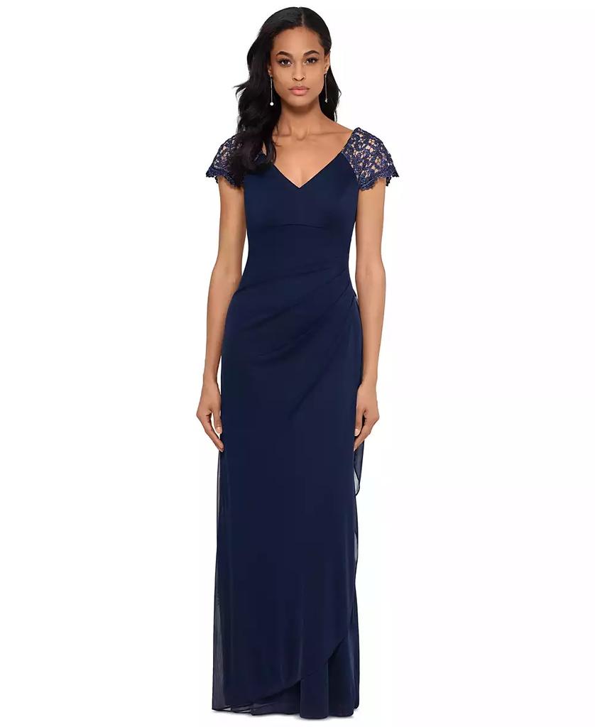 XSCAPE Petite Lace-Shoulder Gown