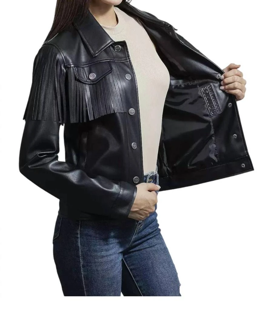 Wrangler Faux Leather With Fringe Trucker Jacket In Black 2