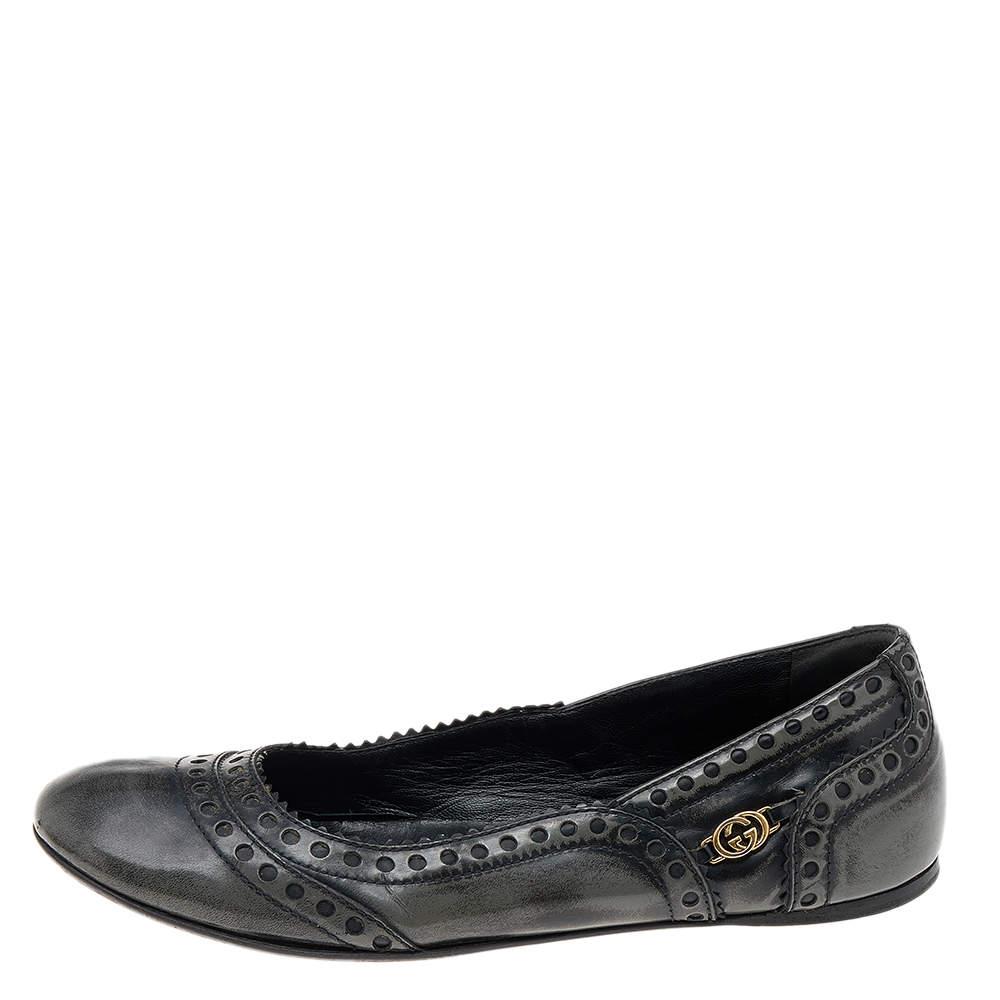 Gucci Gucci Black/Grey Brogue Leather Ballet Flats Size 35.5