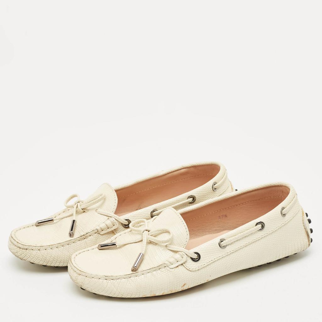 Tod
s Tod
s Cream Lizard Embossed Leather Bow Slip On Loafers Size 37.5