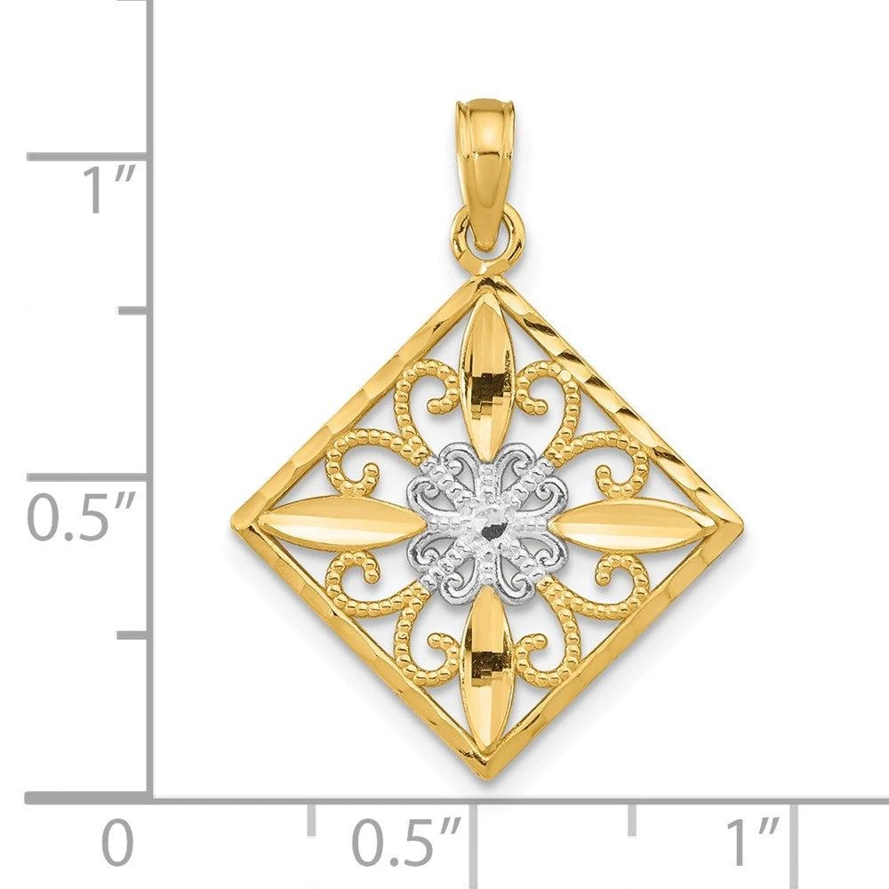 Diamond2Deal 14k Yellow Gold and White Rhodium Flower and Cross Square Charm Pendant 3