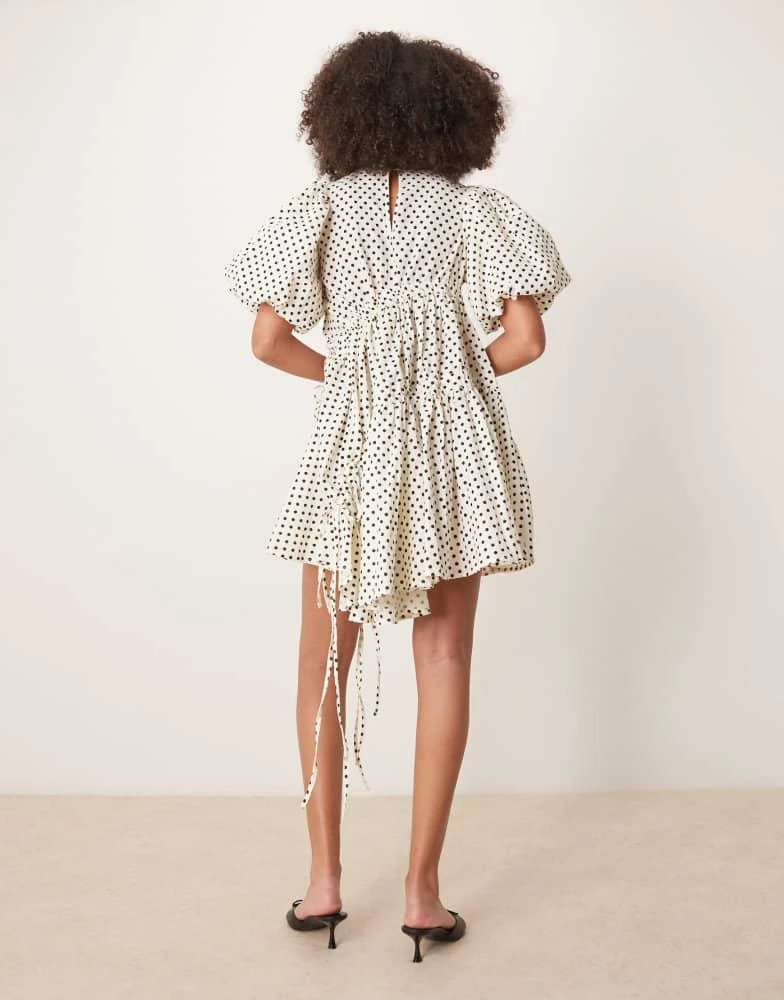Ghospell Ghospell ruched asymmetric polka dot mini dress in pearl ivory 3