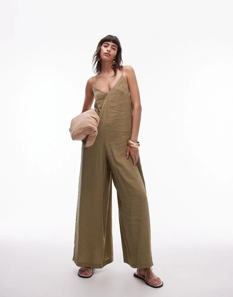 Topshop Topshop cami wide leg jumpsuit with tie back in khaki 1
