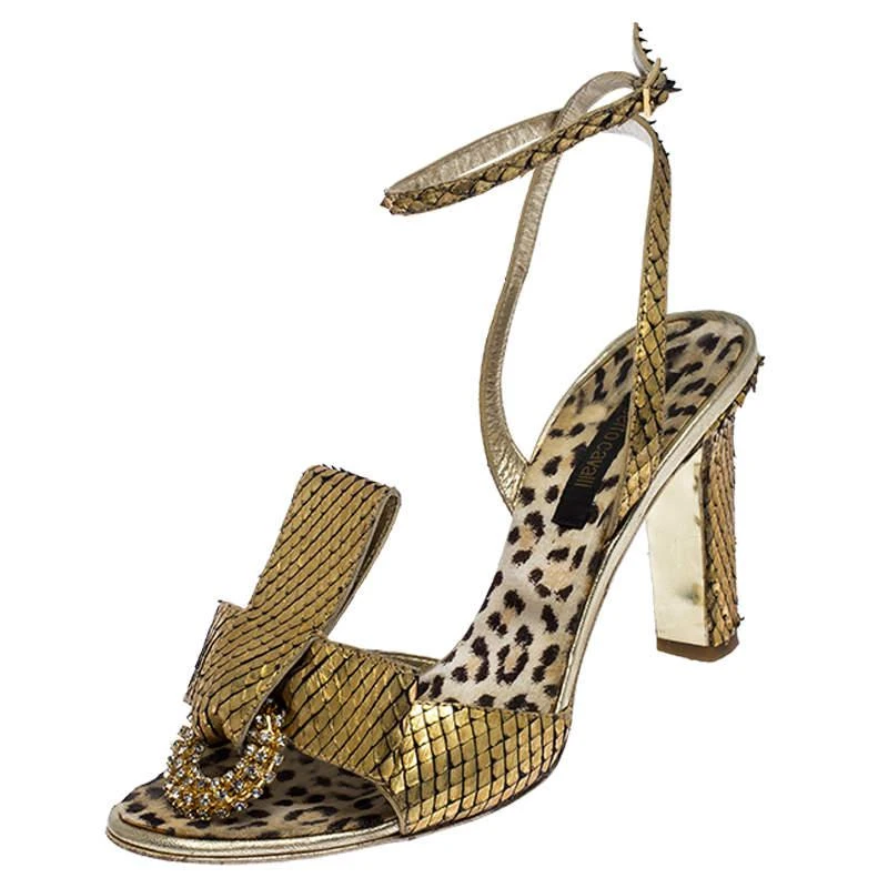 Roberto Cavalli Roberto Cavalli Metallic Gold Python Leather Embellished Ankle Strap Sandals Size 38 1