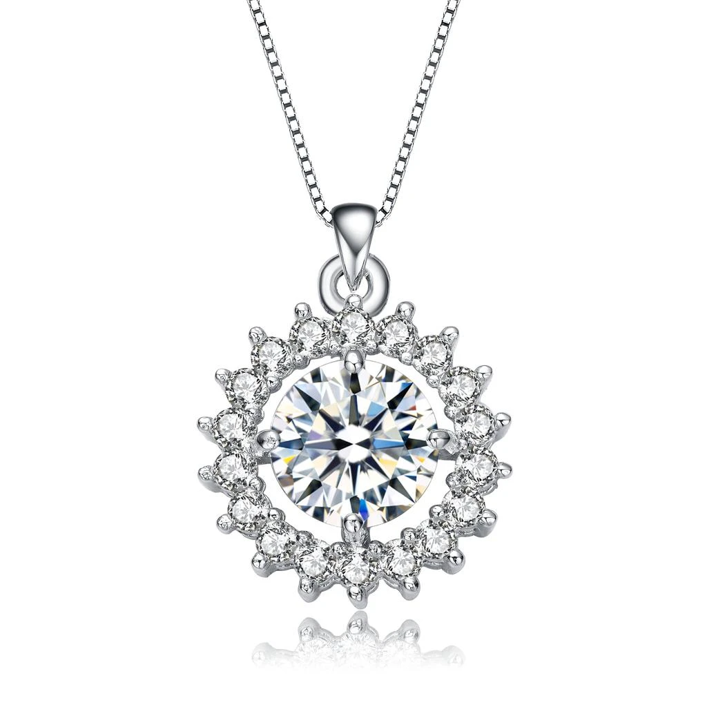 Genevive Sterling Silver With Rhodium Plated Round Cubic Zirconia Flower Style Pendant Necklace